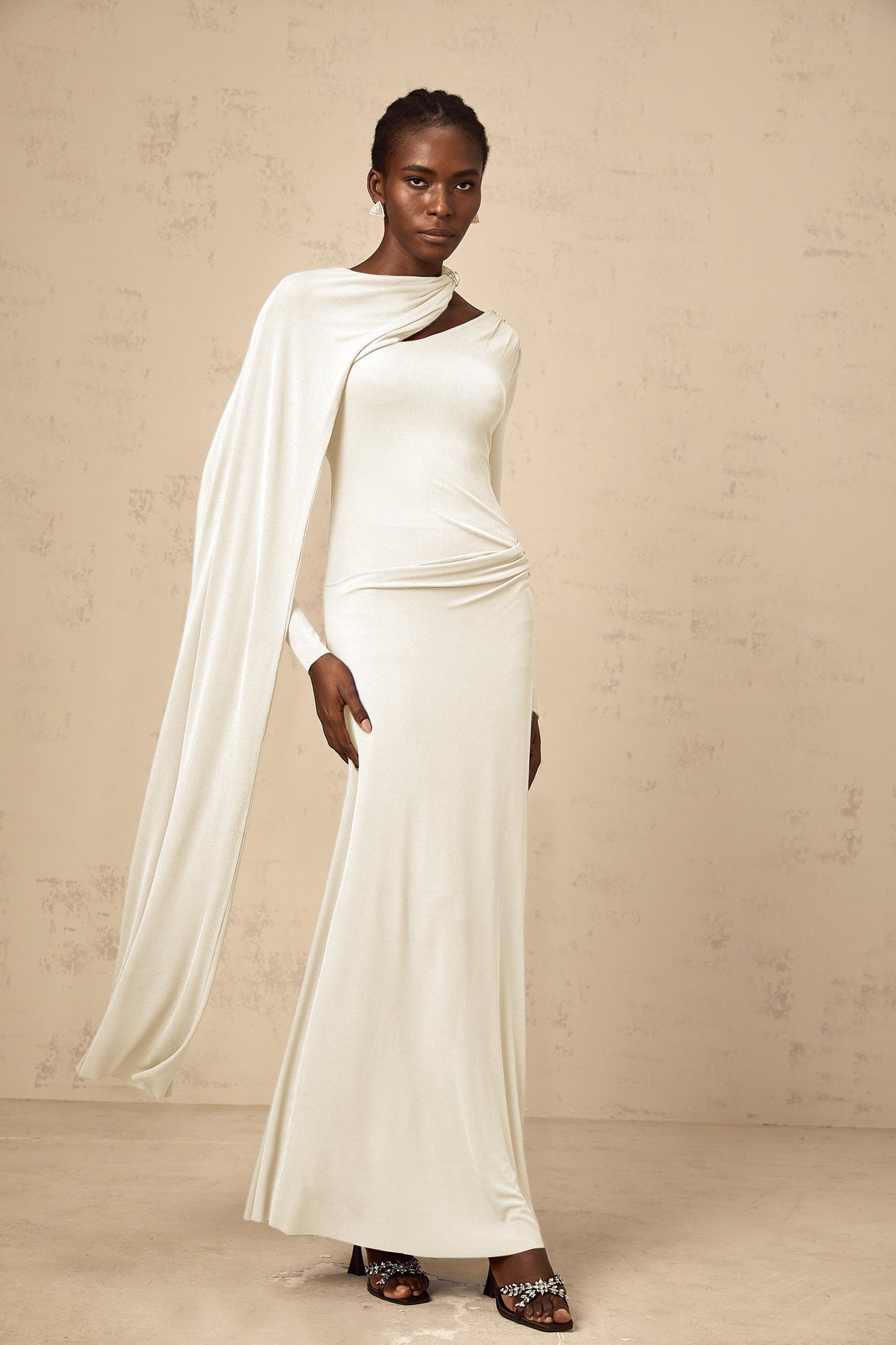 Aurohaya Josette White Diagonal Shawl Fitted Maxi Dress