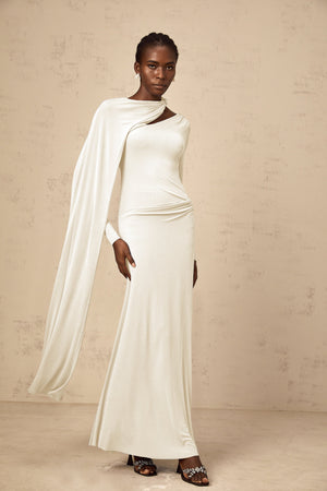Aurohaya Josette White Diagonal Shawl Fitted Maxi Dress