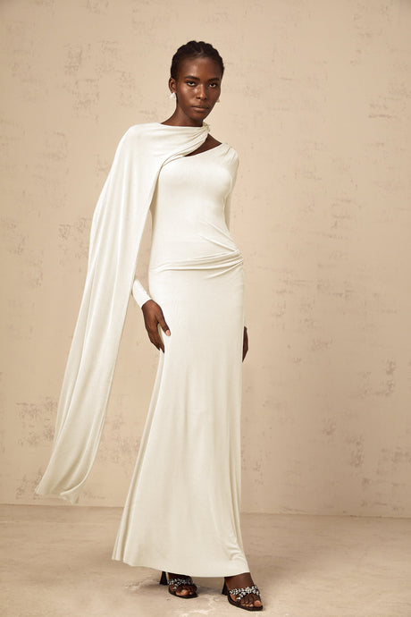 Aurohaya Josette White Diagonal Shawl Fitted Maxi Dress