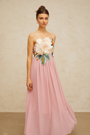 Aurohaya Josette floral-embroidered shirred maxi dress in Pink