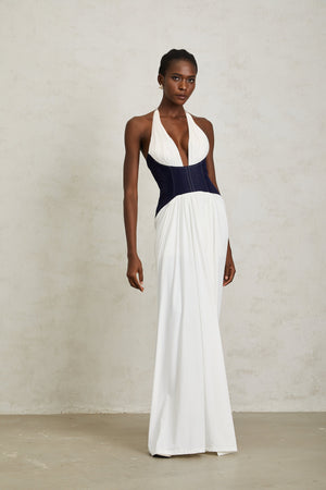 Aurohaya Airi White Halterneck Denim Panel Maxi Dress