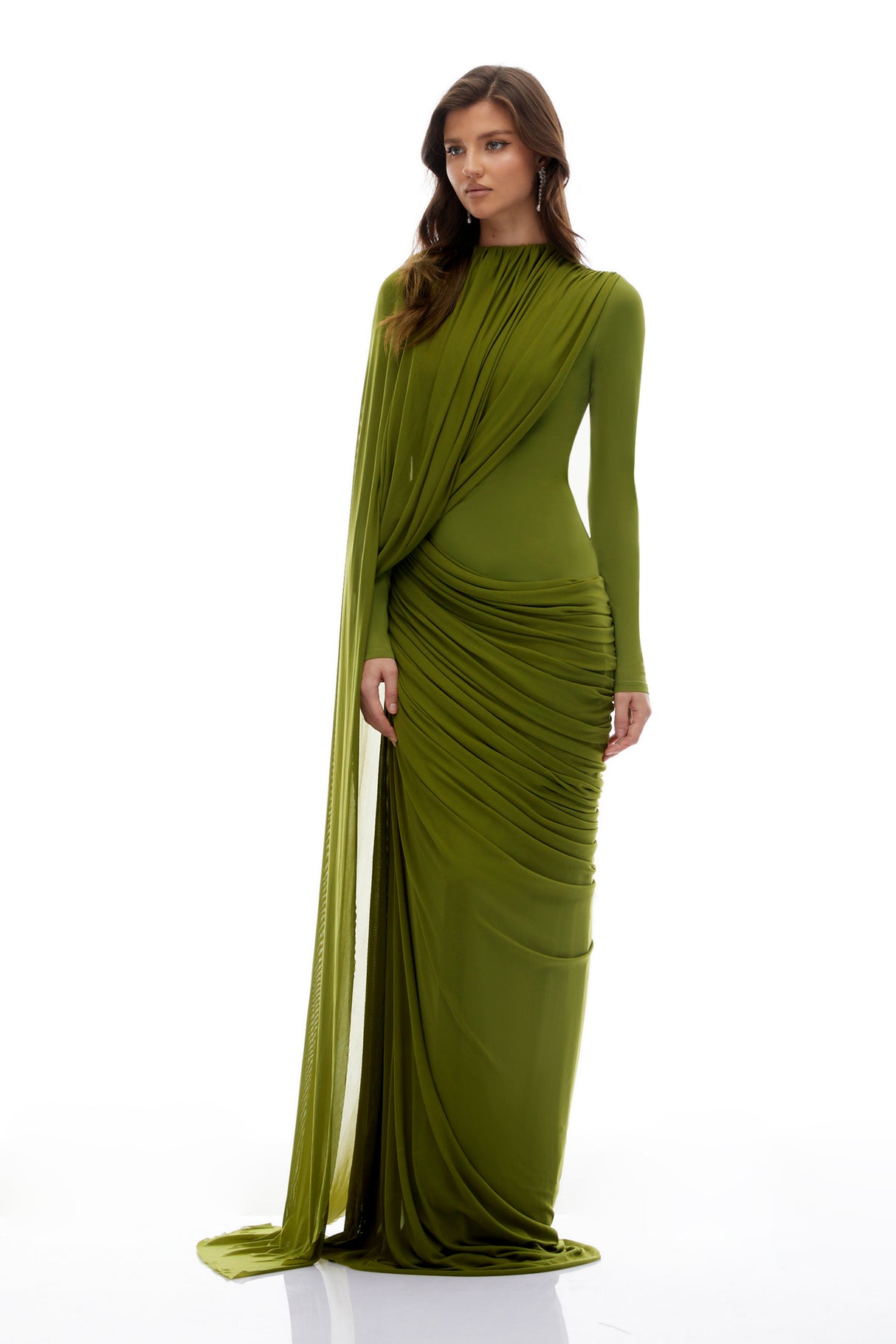 Aurohaya Emilia Green Asymmetrical Ribbon Draped Maxi Dress