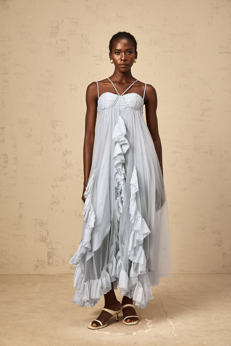Aurohaya Colette layered ruffled tulle maxi dress in Blue
