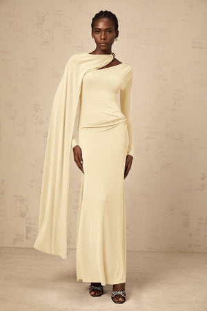 Aurohaya Josette Yellow Diagonal Shawl Fitted Maxi Dress