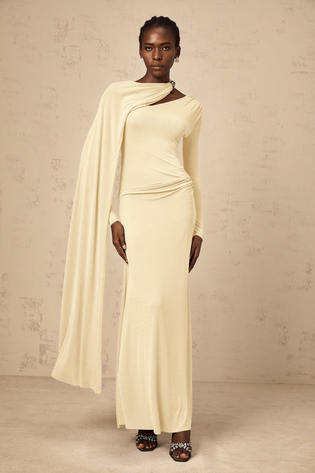 Aurohaya Josette Yellow Diagonal Shawl Fitted Maxi Dress