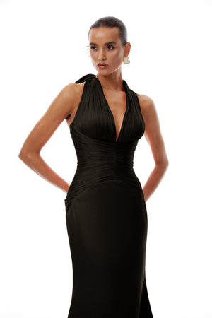 Aurohaya Emmeline Black Train Design Gathered Maxi Dress