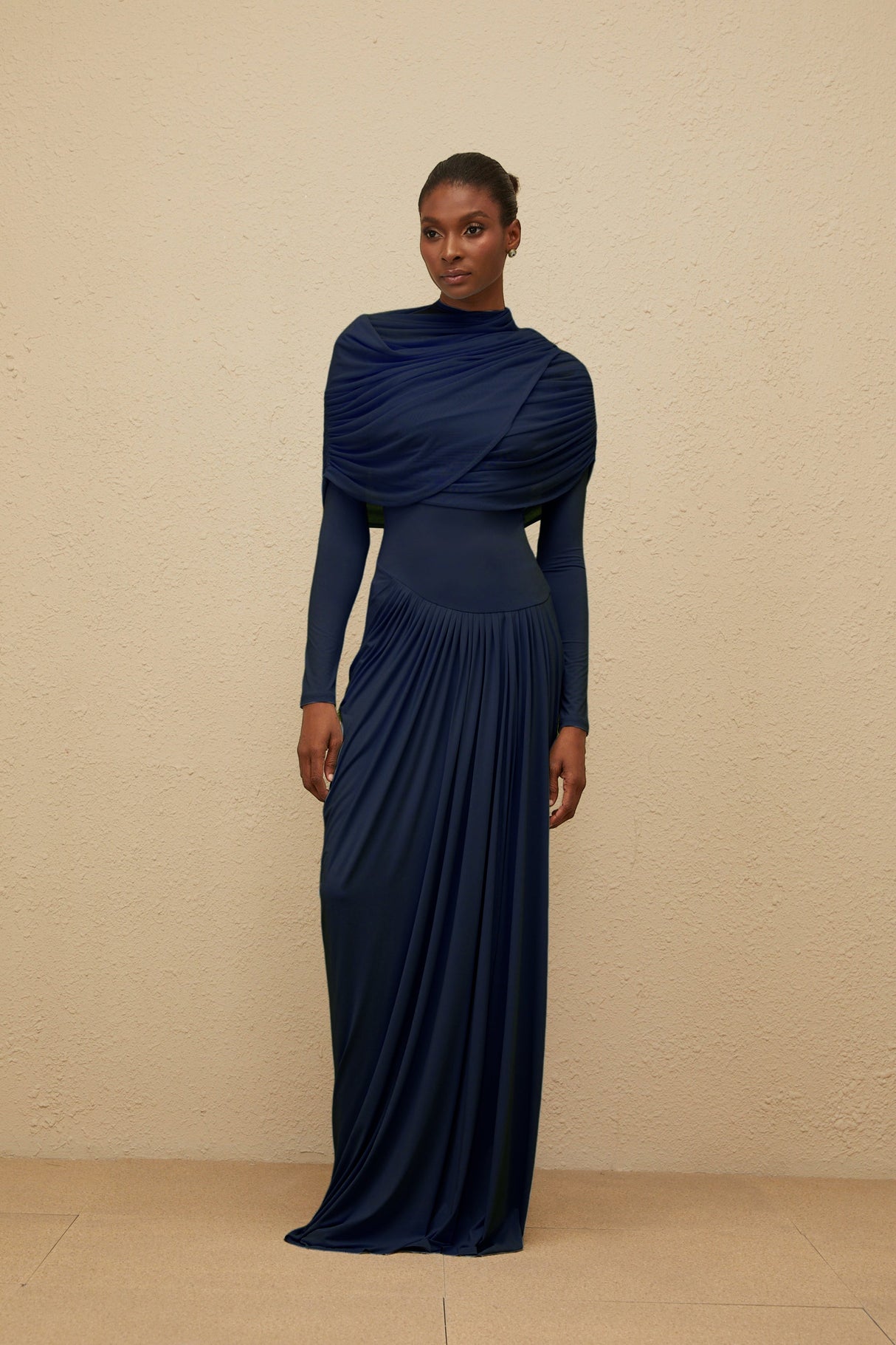 Aurohaya Catherine Navy-Blue Asymmetrical Pleated Long-Sleeve Maxi Dress