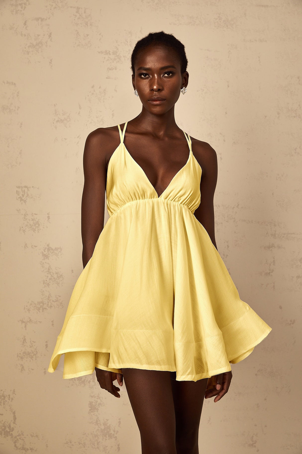 Aurohaya Quincie Yellow Shirred Flounced Mini Dress