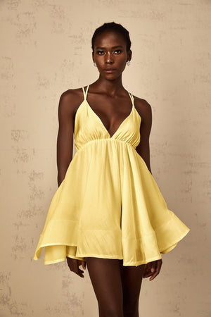 Aurohaya Quincie Yellow Shirred Flounced Mini Dress