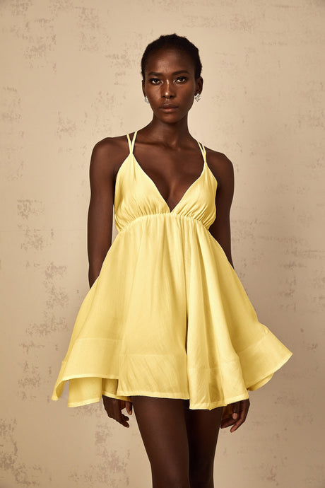 Aurohaya Quincie Yellow Shirred Flounced Mini Dress