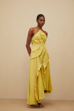 Aurohaya Doux Yellow Ruffled Trim Pleated Midi Dress