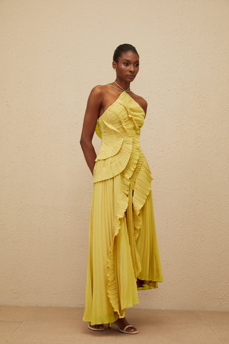 Aurohaya Doux Yellow Ruffled Trim Pleated Midi Dress
