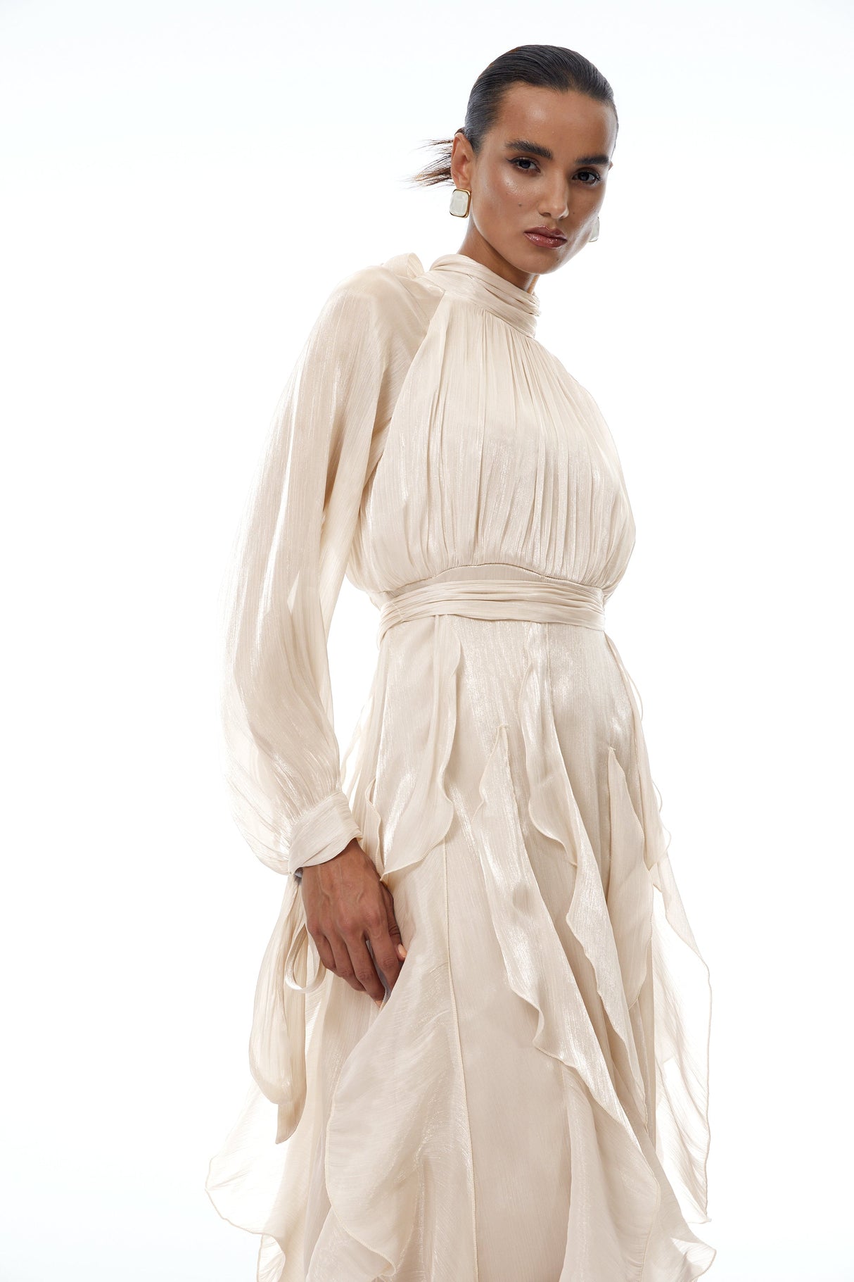 Aurohaya Zélie Neutral Glossy Pleated Ruffled Maxi dress
