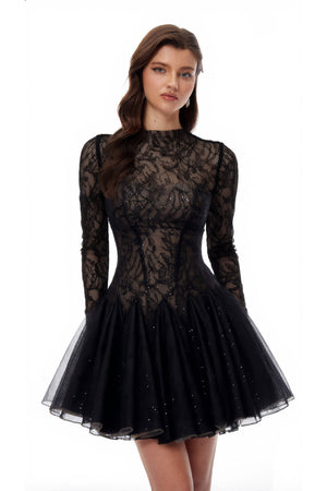 Aurohaya Mirabella Black Sequined Flroal Lace Mini Dress
