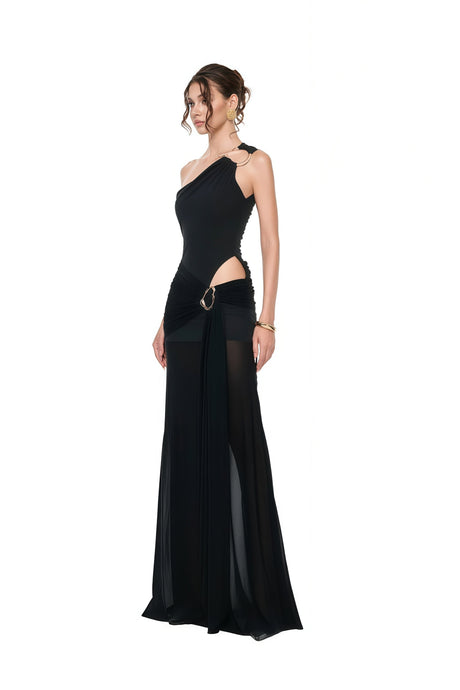 Aurohaya Tiziana Black One Shoulder Cut Out Maxi Dress