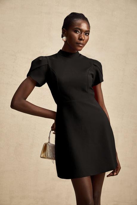 Aurohaya Anna Black Petal-Sleeve Cut-Out Bow Mini Dress