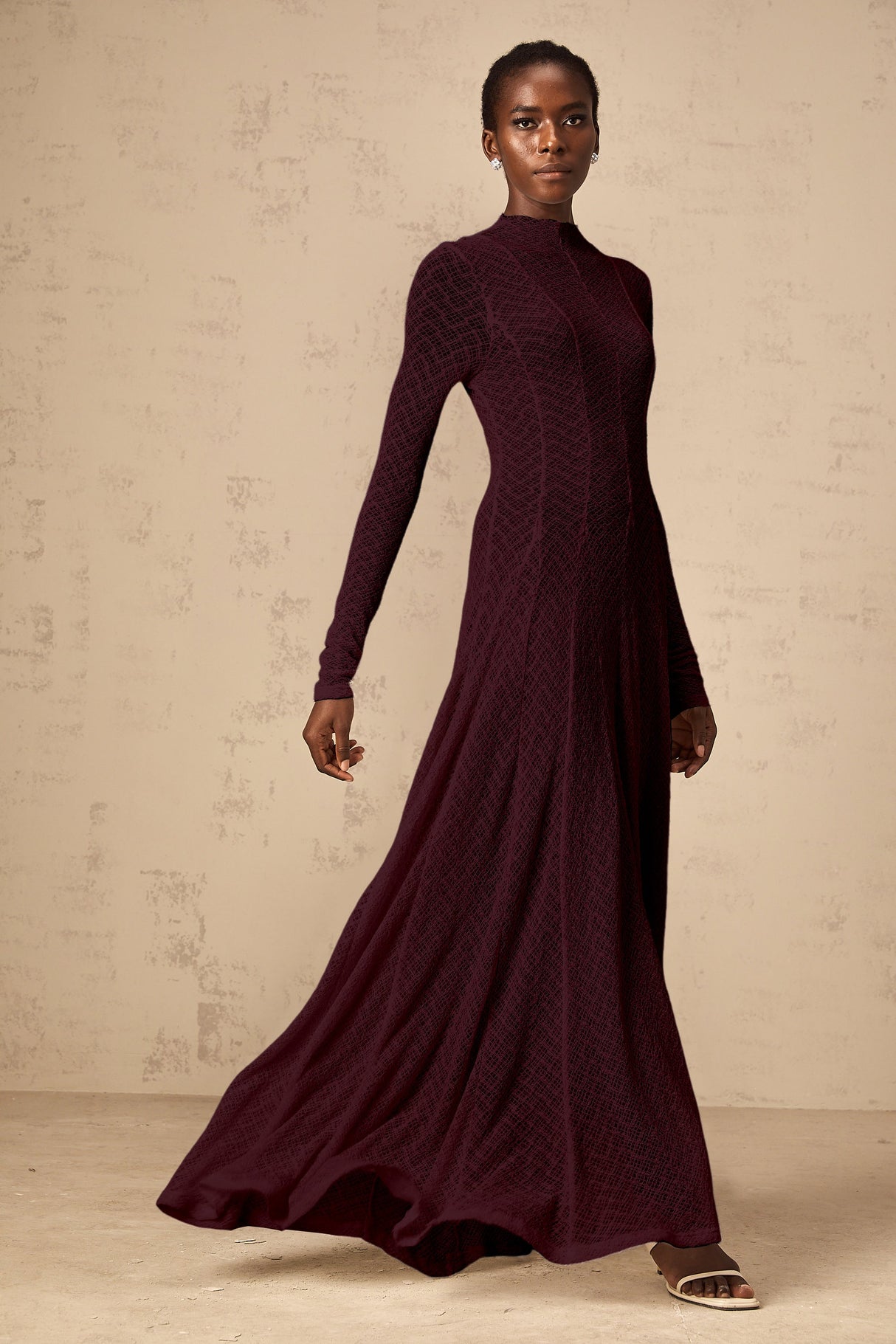 Aurohaya Athena wavy-pattern lace maxi dress in Red