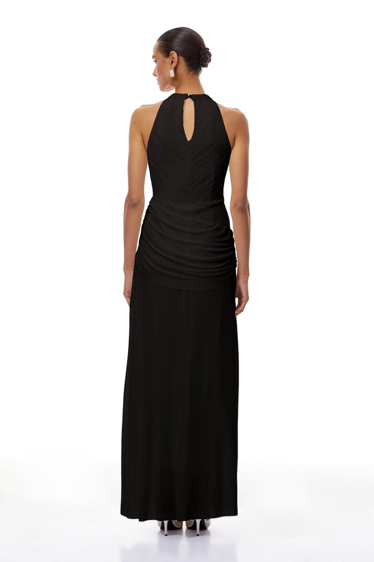 Aurohaya Klara Black Ruched Ribbon Textured Maxi Dress