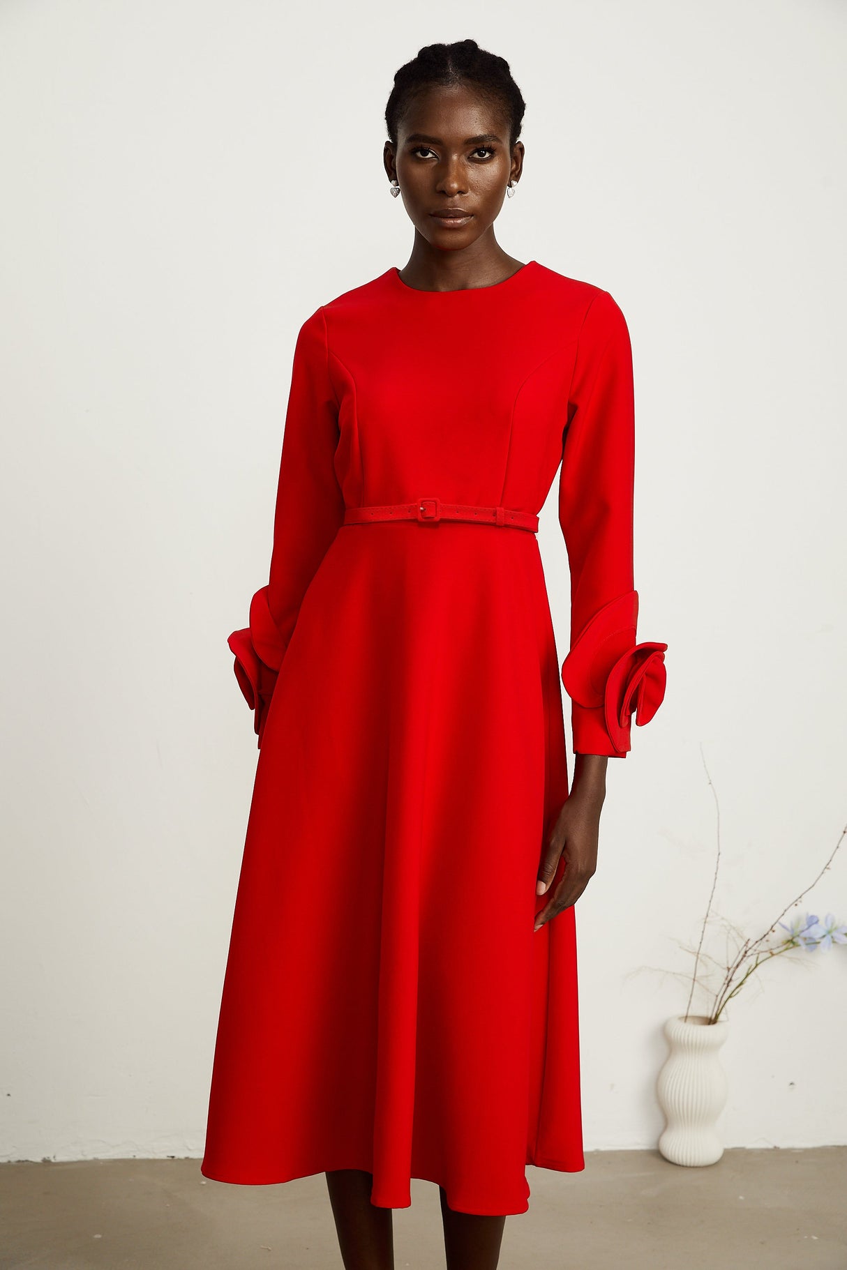 Aurohaya Elysia floral-embellished red long-sleeve dress