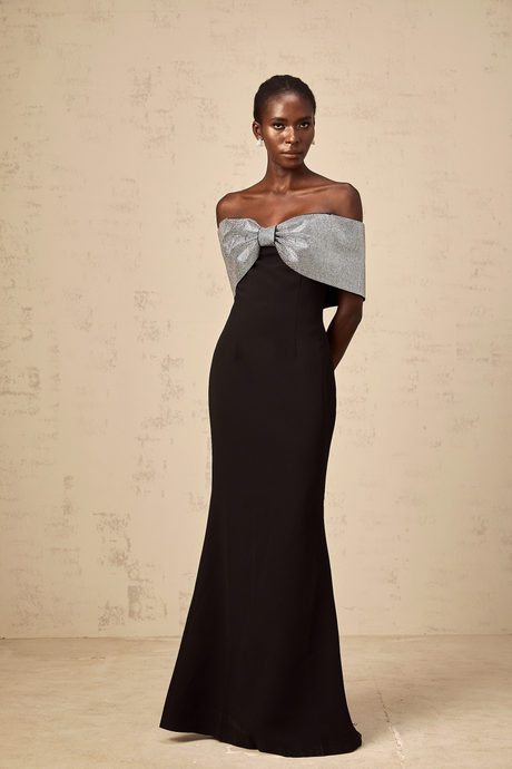 Aurohaya Chloé black rhinestone-bow off-shoulder maxi dress