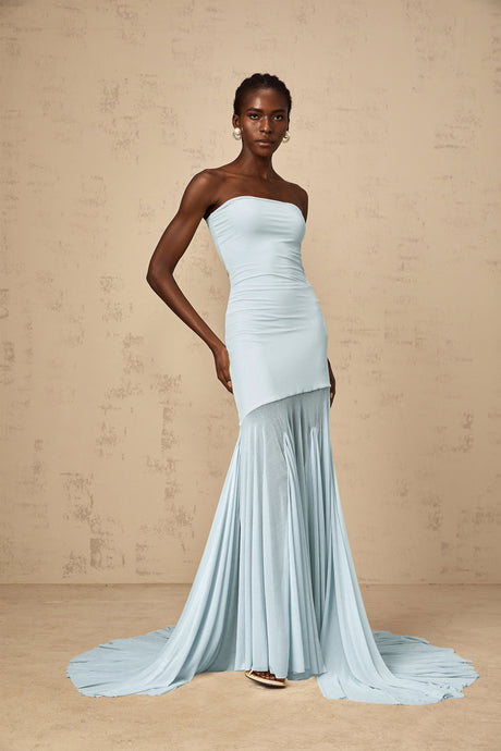 Aurohaya Josiane Blue Off-shoulder Sheer Tulle Maxi Dress