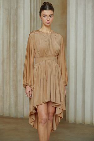 Aurohaya Kenza Pink Asymmetrical Pleated Midi Dress
