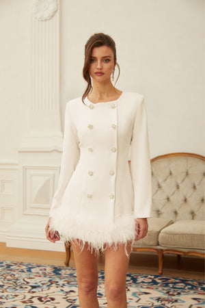 Aurohaya Freja White Feather Trim Mini Blazer Dress