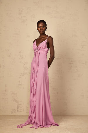Aurohaya Ysandre Rose-Pink 3D Petal Tulle Maxi Dress