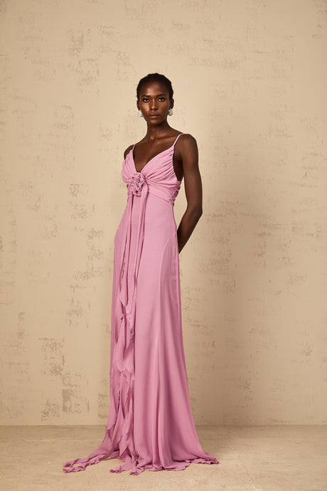 Aurohaya Ysandre Rose-Pink 3D Petal Tulle Maxi Dress