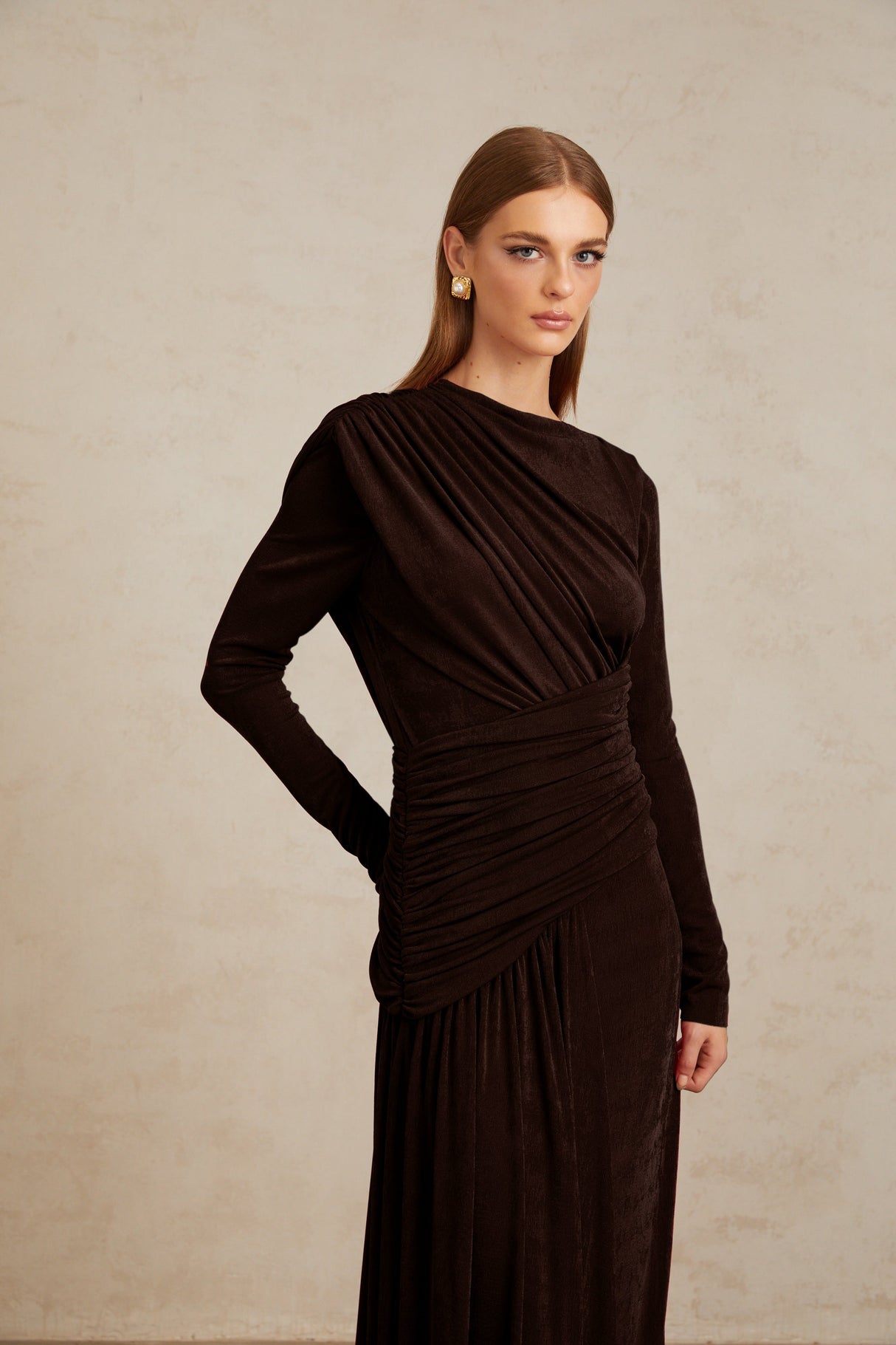 Aurohaya Charme Brown Ruched Maxi Dress