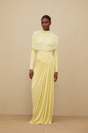 Aurohaya Catherine Yellow Asymmetrical Pleated Long-Sleeve Maxi Dress