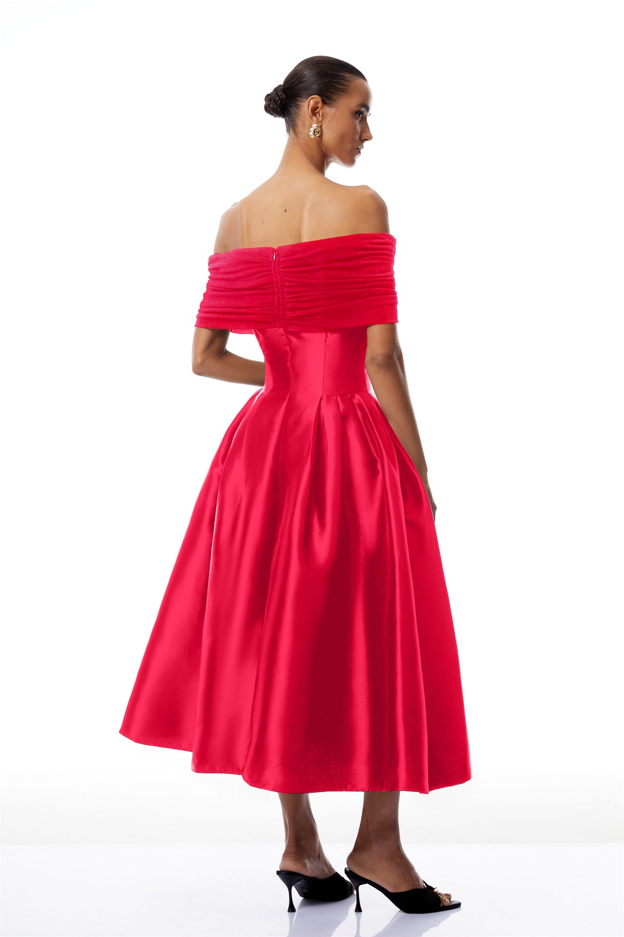 Aurohaya Ainara Red Off Shoulder Polished Midi Dress