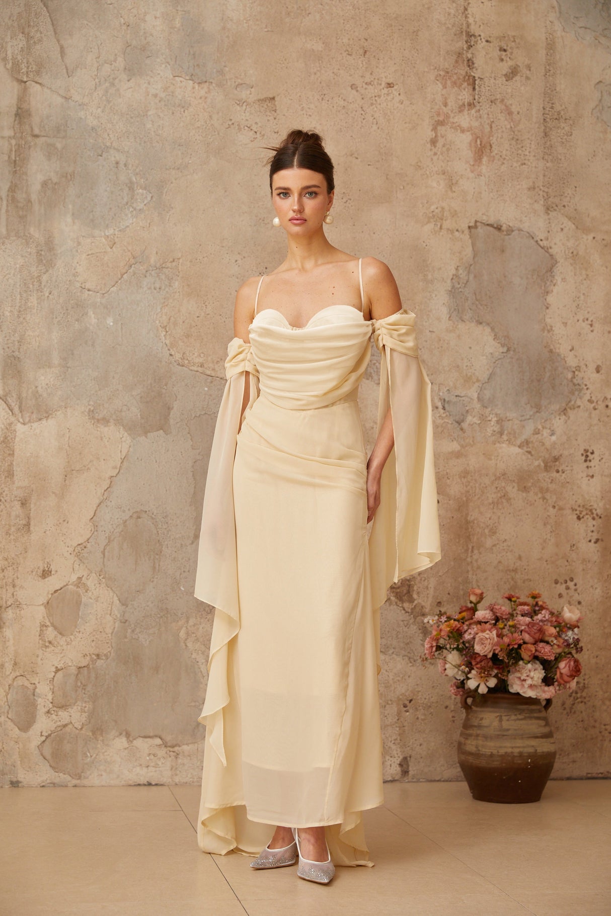 Aurohaya Mélusine Neutral Ruched Chiffon Maxi Dress