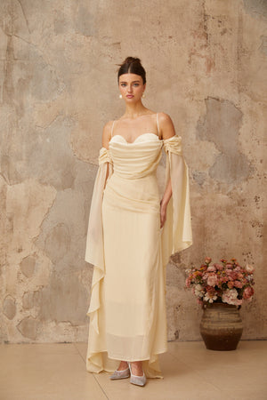 Aurohaya Mélusine Neutral Ruched Chiffon Maxi Dress