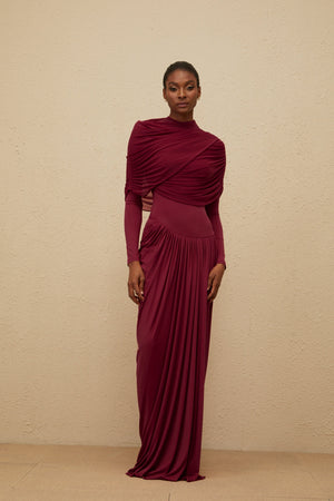 Aurohaya Catherine Red Asymmetrical Pleated Long-Sleeve Maxi Dress