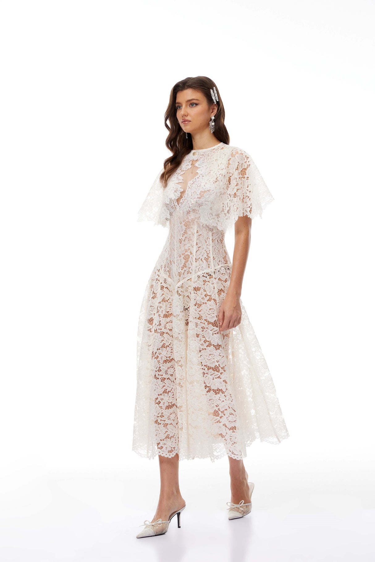 Aurohaya Alaia White Cape Design Floral Lace Midi Dress