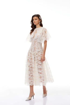 Aurohaya Alaia White Cape Design Floral Lace Midi Dress