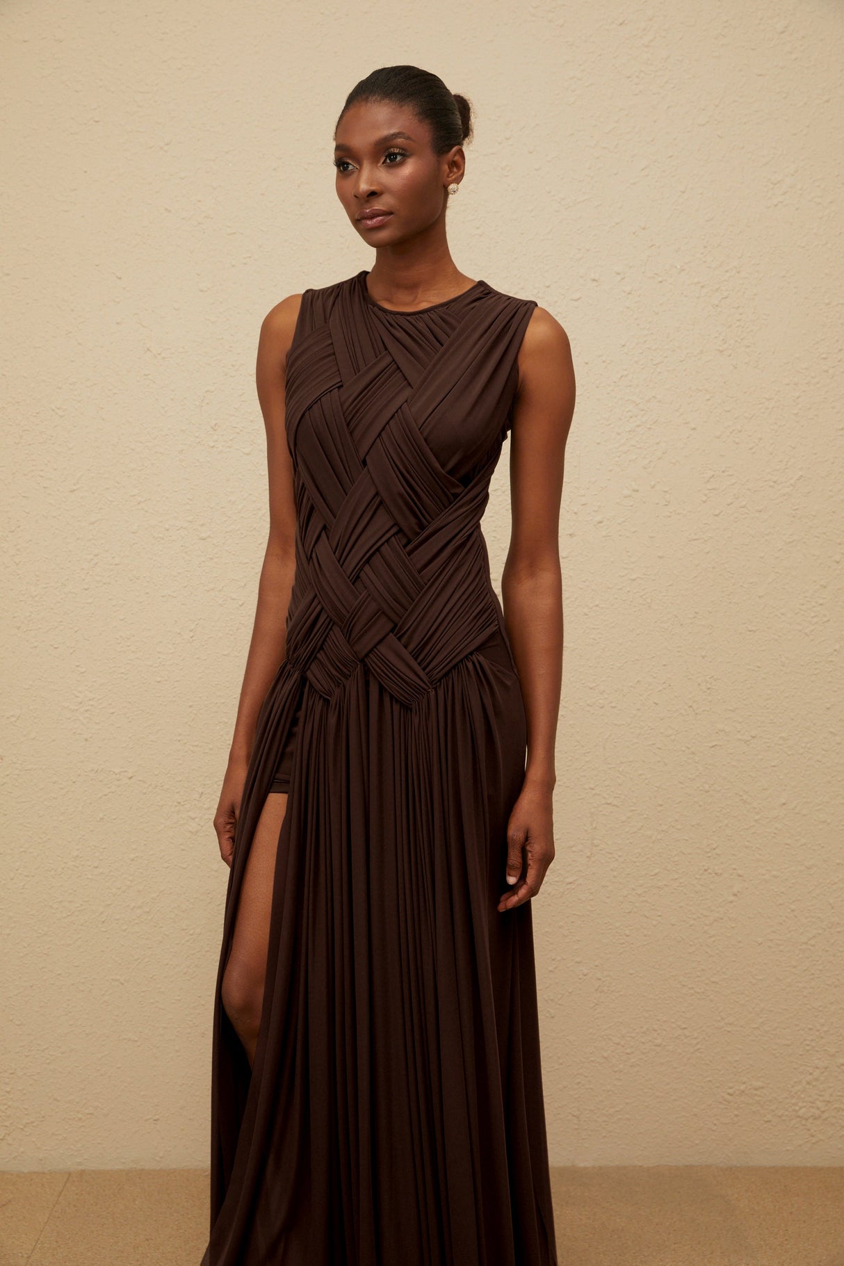 Aurohaya Daphné Brown Asymmetrical Braided Tulle Midi Dress