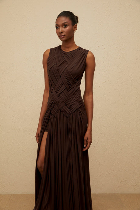 Aurohaya Daphné Brown Asymmetrical Braided Tulle Midi Dress