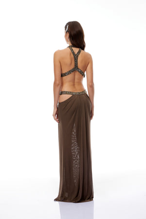 Aurohaya Maëlle Brown Cut-out Ruched Maxi Dress
