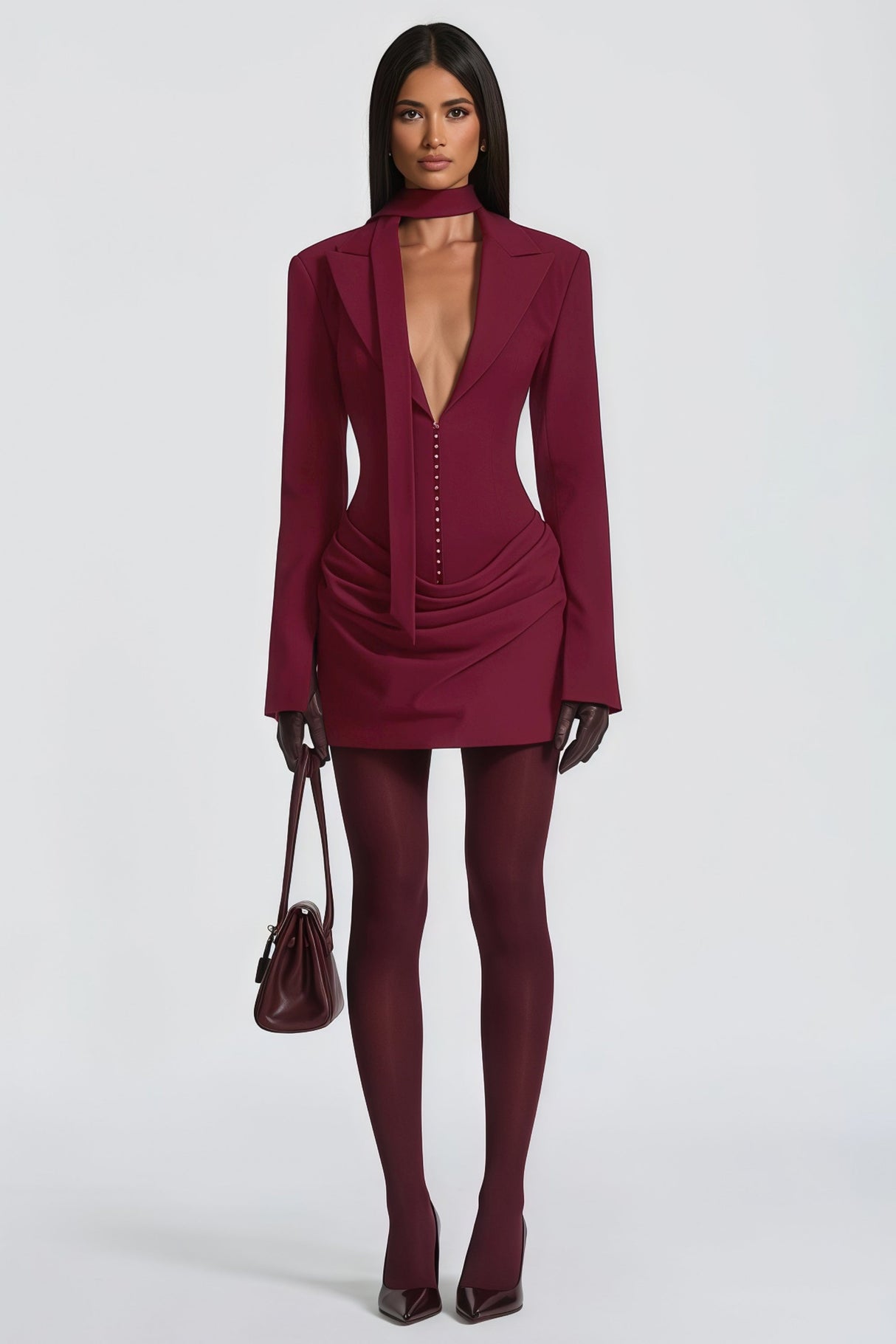 Aurohaya Rosette Burgundy Ruched Blazer Mini Dress