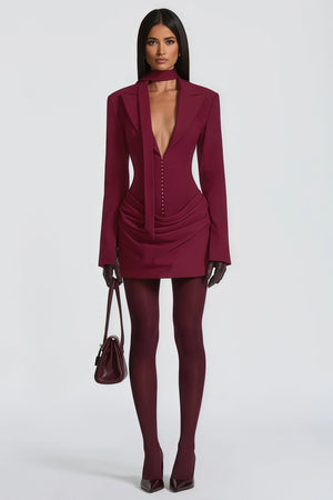 Aurohaya Rosette Burgundy Ruched Blazer Mini Dress