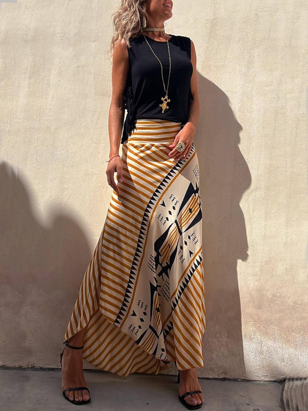 Aurohaya Geometric Print Elastic Waist Maxi Skirt