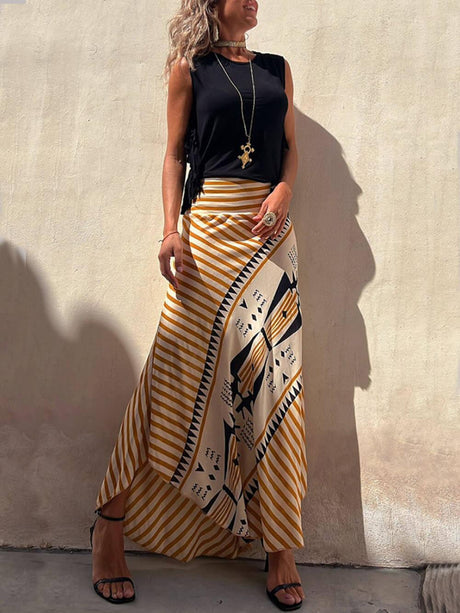 Aurohaya Geometric Print Elastic Waist Maxi Skirt