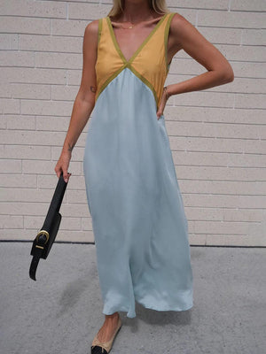 Aurohaya Splicing Chic V-neck Contrasting Color Dress