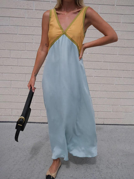 Aurohaya Splicing Chic V-neck Contrasting Color Dress