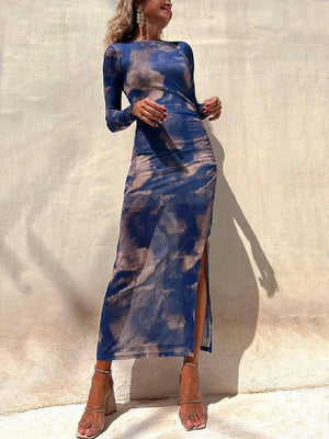 Aurohaya Charm Lady Mesh Overlay Tie Dye Print Long Sleeve Ruched Stretch Midi Dress