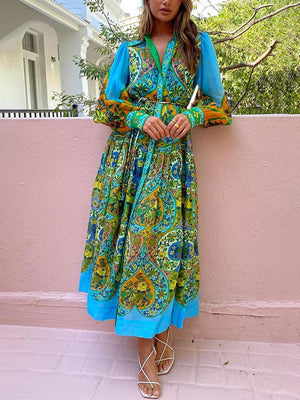 Aurohaya Ethnic Print Cardigan Lace-Up Lapel Long-Sleeved Dress