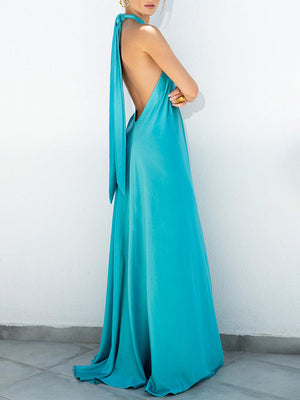 Aurohaya Summer Temperament Satin Halter Swing Gown Dresses