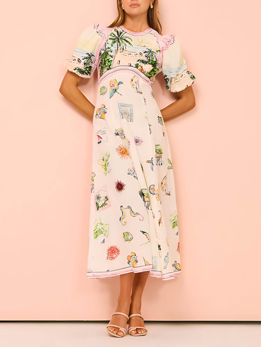 Aurohaya Feature Printed Ethnic Style Round Neck Midi Dress